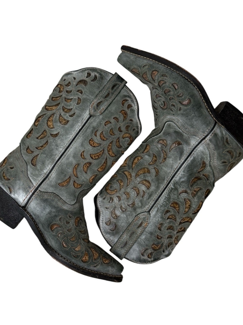 Rockin Country Collection Cowboy Boots In Teal With Brown Peekaboo Cutouts